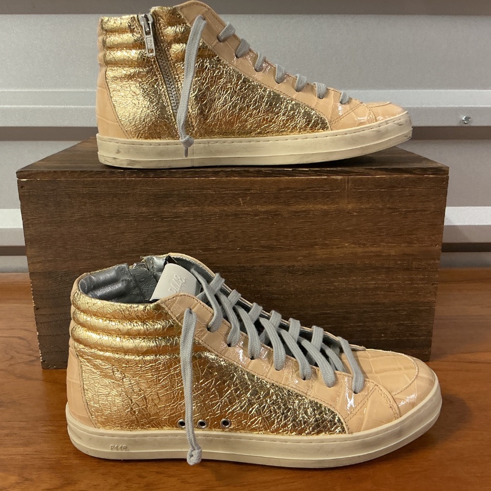P448 Women Gold Metallic Croc Embossed Exotic Reptile High Top Sneakers Size 39